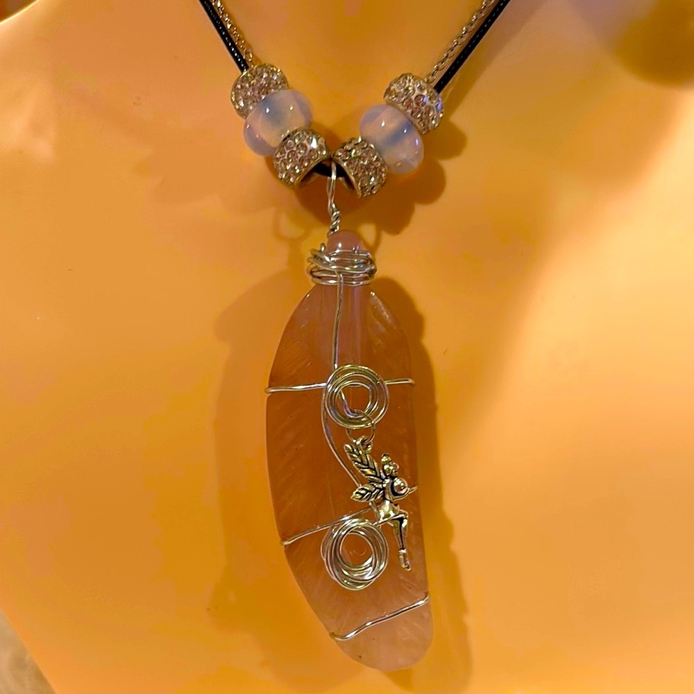 Handcrafted Rose Quartz Crystal Feather Wire Wrapped and Beaded Necklace